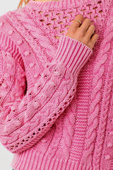 Cable Weave Washed Pullover Sweater Washed Berry