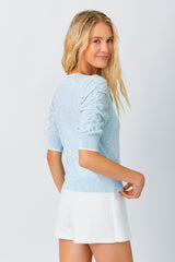 Ruched Sleeve Vneck Pullover Sweater Top Ice Blue