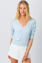Ruched Sleeve Vneck Pullover Sweater Top Ice Blue