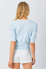 Ruched Sleeve Vneck Pullover Sweater Top Ice Blue