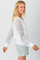 Crochet Sleeve Pullover Sweater Off White