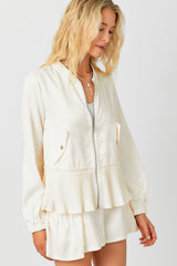 Satin Peplum Bomber Jacket Off White