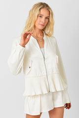 Satin Peplum Bomber Jacket Off White