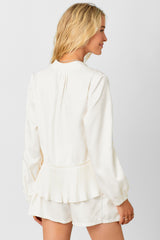 Satin Peplum Bomber Jacket Off White