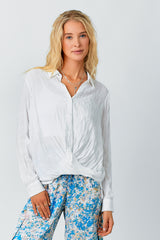 Collared Surplice Button Down Blouse Off White