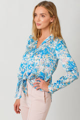 Tie Front Printed Blouse Blue Mix