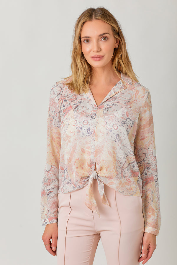 Tie Front Printed Blouse Cream Mix
