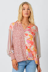 Mix Print Smock Cuff Blouse Tomato Red Mix