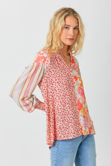 Mix Print Smock Cuff Blouse Tomato Red Mix