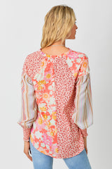 Mix Print Smock Cuff Blouse Tomato Red Mix