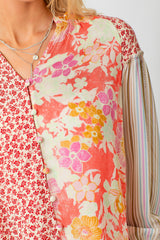Mix Print Smock Cuff Blouse Tomato Red Mix