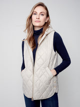 Side Button Detail Quilted Hooded Vest Almond