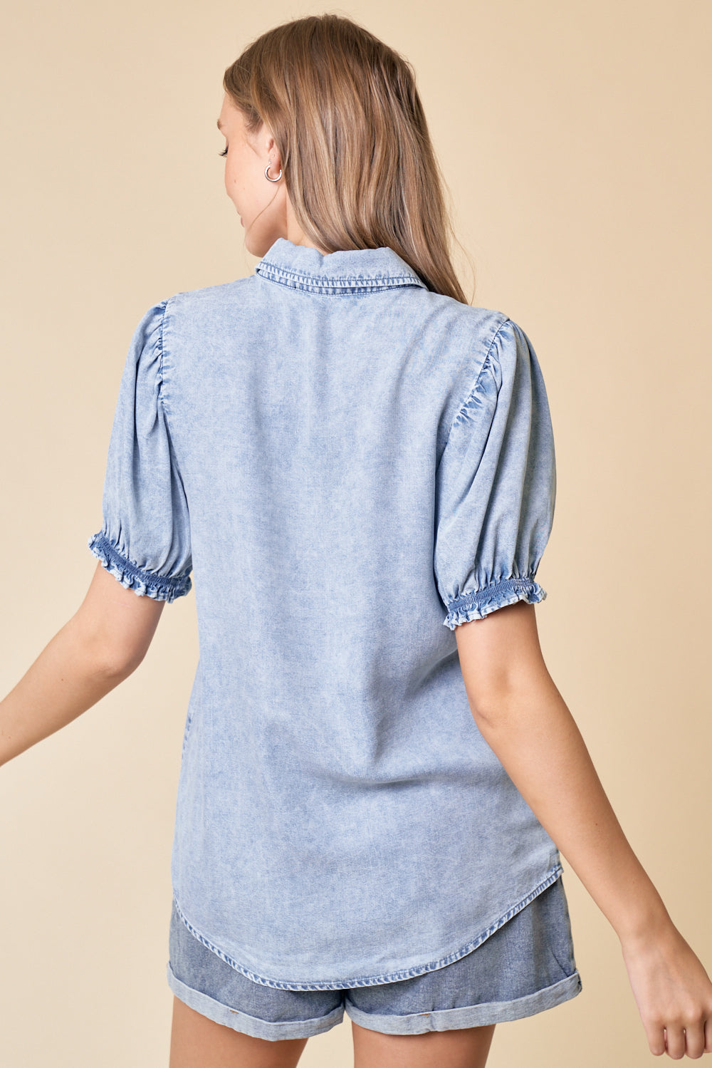 Puff Sleeve Tencel Button Down Shirt Light Denim