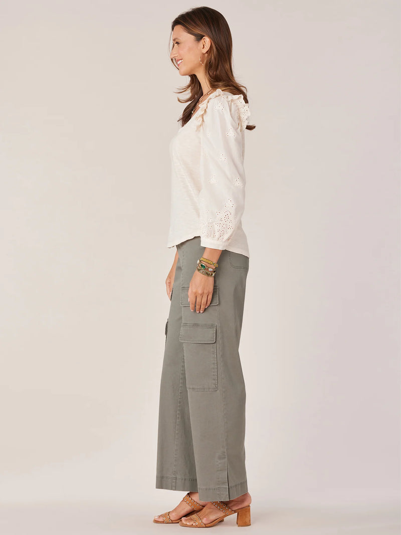 Puff Ruffle Long Sleeve Eyelet Details Top Macademia