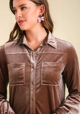 Button Up Velvet Midi Shirt Dress Almond