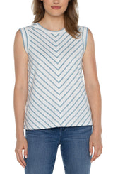 Miter Front Scoop Neck Tank White + Ocean Blue Stripe