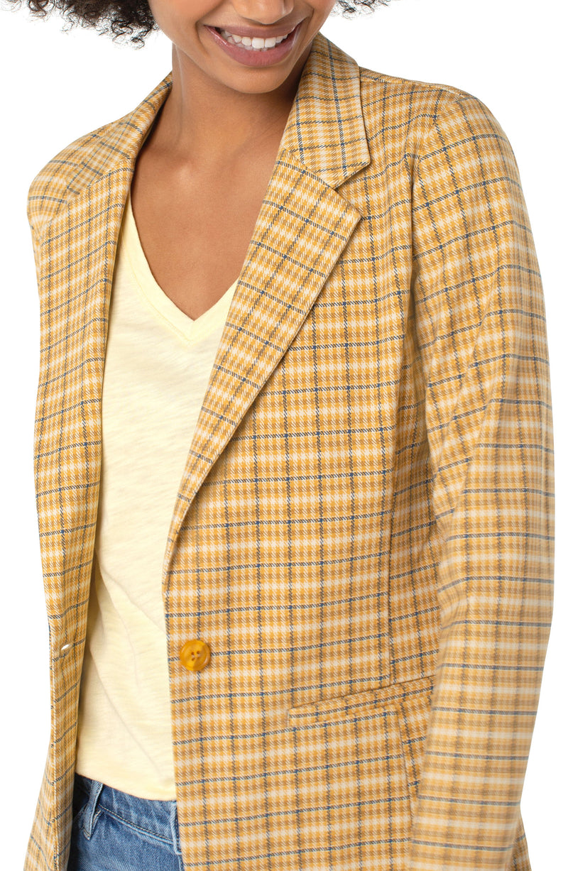 Fitted Notch Collar Printed Blazer Gold + Navy Plaid