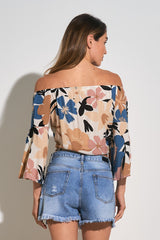Tie Front Off Shoulder Printed Top Blue Polynesia