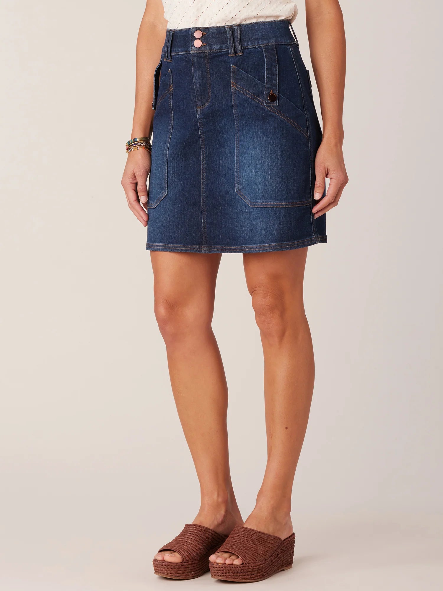 Double Button Patch Pocket Denim Skirt Indigo
