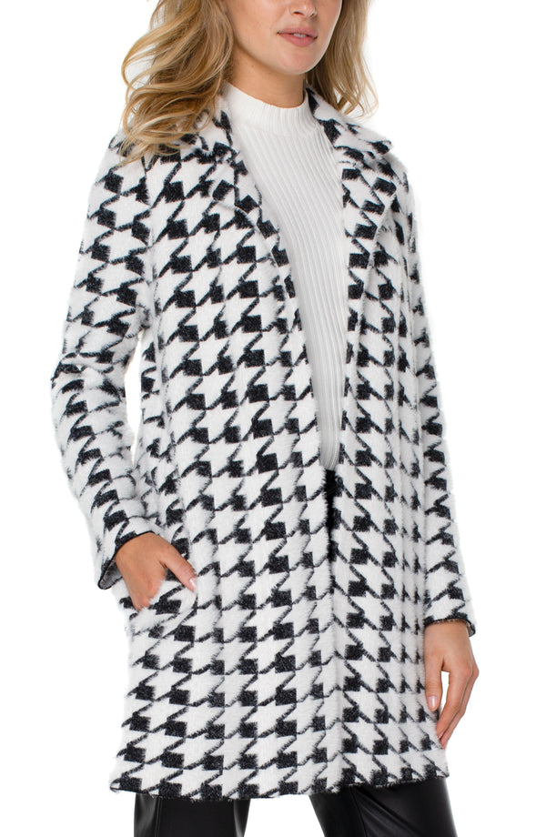 Open Front Cardigan Sweater Coat Black + White Houndstooth