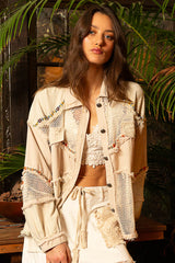 Fray Detail Stripe Fishnet Patchwork Jacket Natural Multi