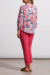 3/4 Sleeve Button Front Pleated Print Blouse Jet Blue