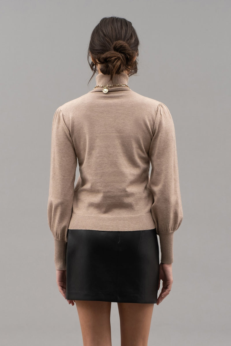 Solid High Neck Long Sleeve Knit Top Taupe