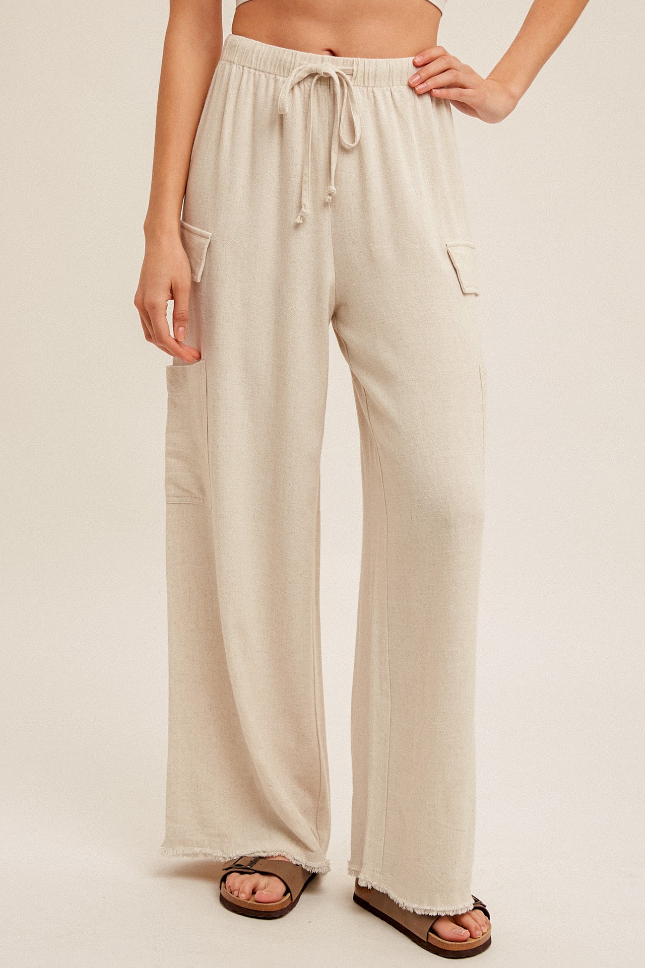 Cargo Pocket Side Fringe Hem Linen Pants Ecru