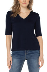 Double Layer 1/2 Sleeve Rib V Neck Top Dark Navy
