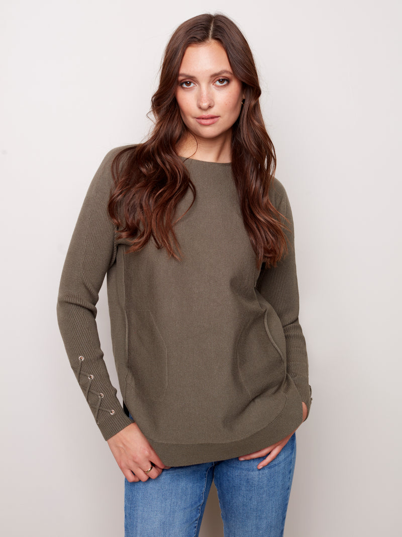Cuff Lace Up Detail Sweater Pine