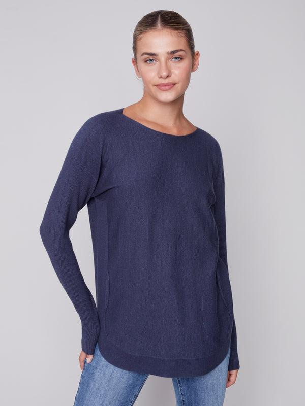 Rounded Hem Plushy Knit Back Detail Sweater Heather Denim