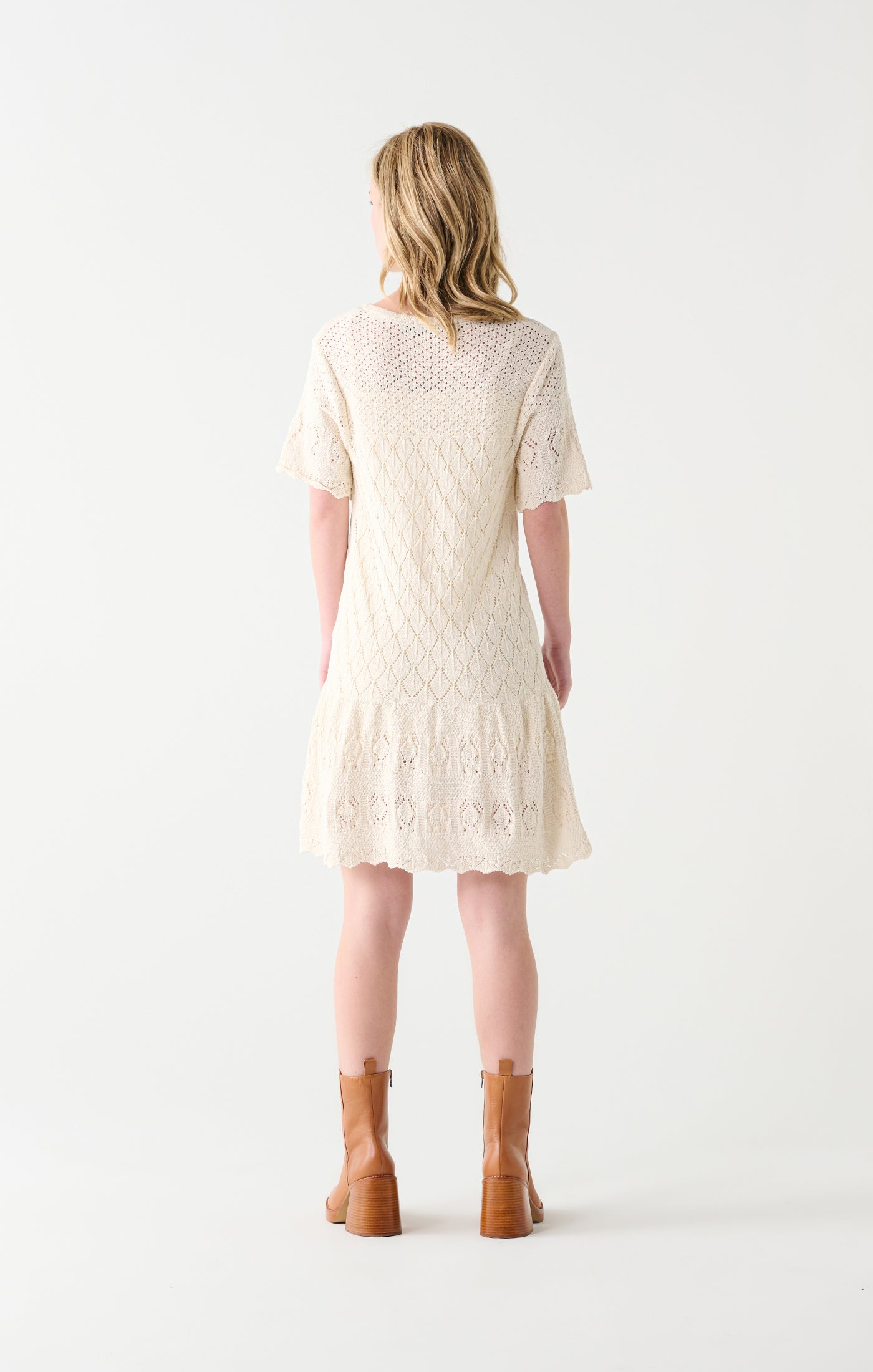 Tassel Tie Pointelle Knit Mini Dress Cream