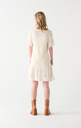 Tassel Tie Pointelle Knit Mini Dress Cream