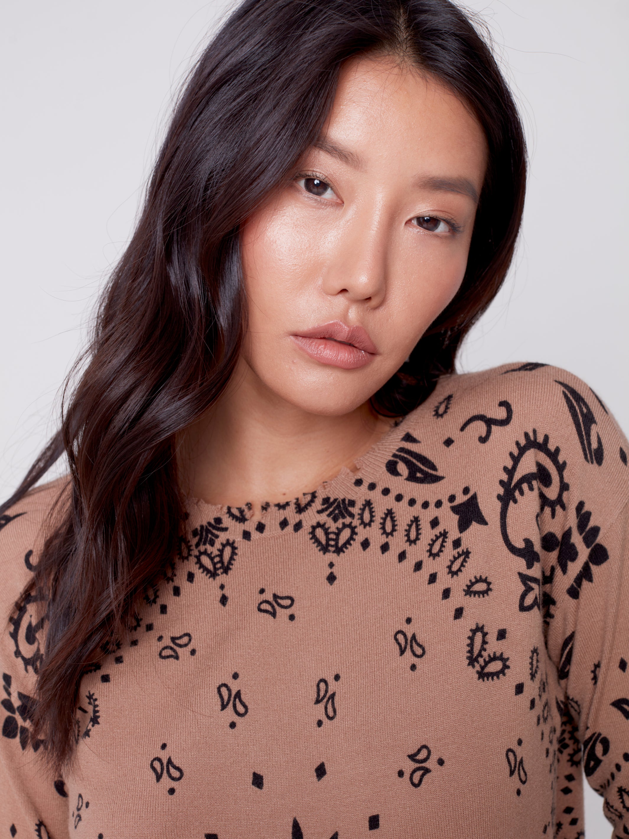 Frayed Edges Printed Sweater Truffle