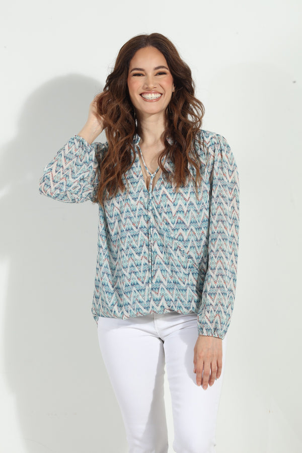 Tied Ruffle Neck Long Sleeve Printed Blouse Agnes Blue Multi