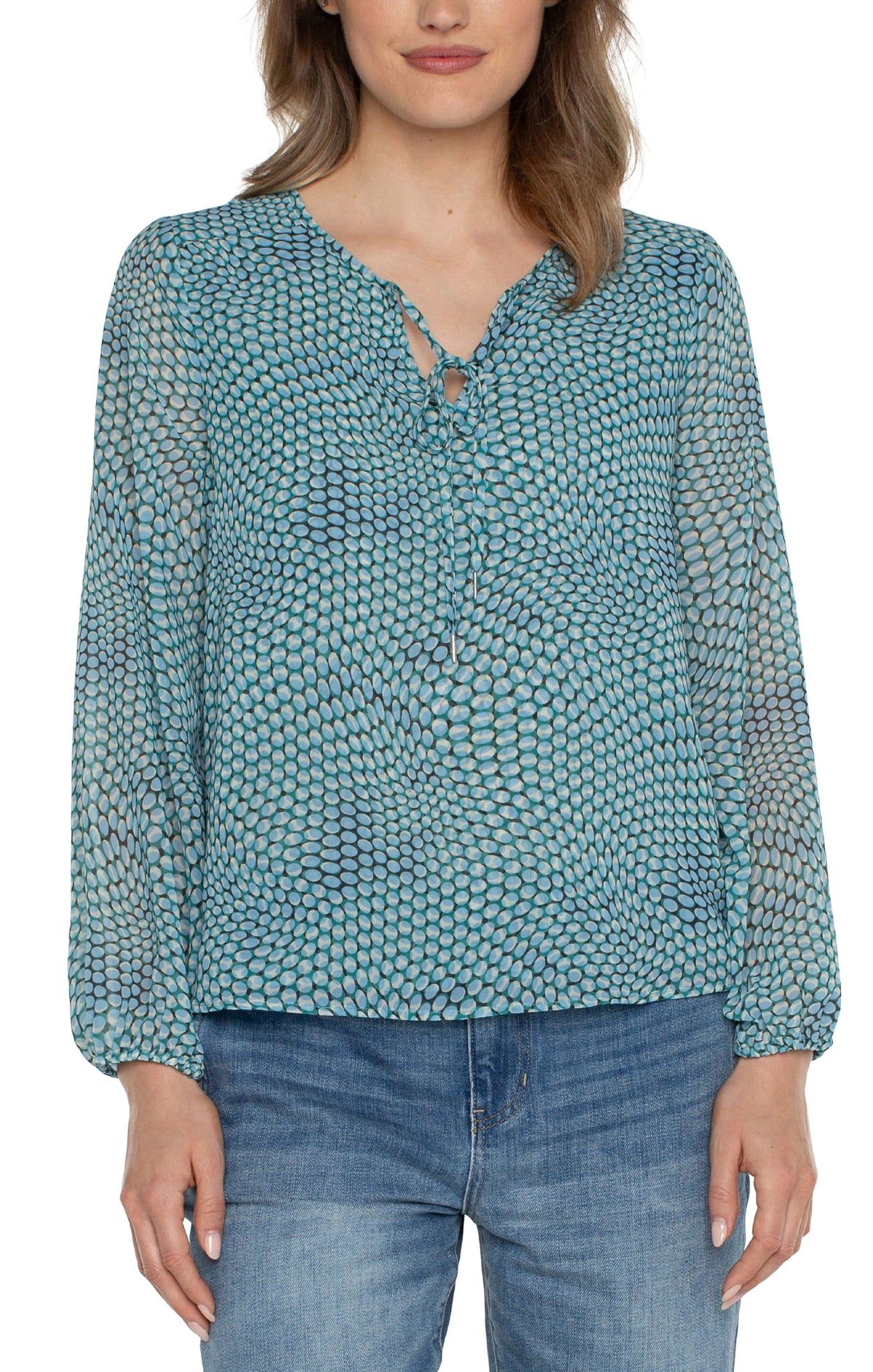 Sheer Printed Tie Front Shirred Back Blouse Ocean Blue Dot