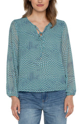 Sheer Printed Tie Front Shirred Back Blouse Ocean Blue Dot