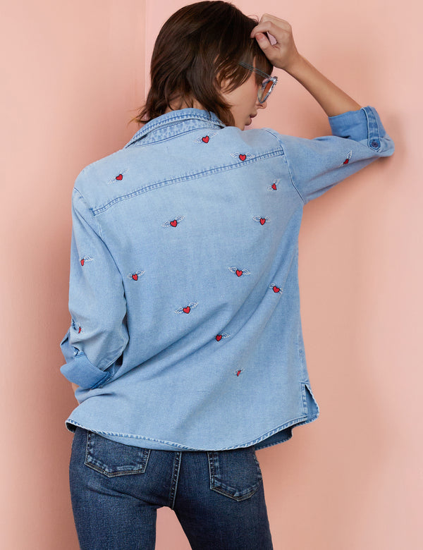 Embroidered Heart Wings Button Down Denim