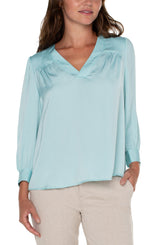 Satin Vneck Ruched Shoulder Blouse Pastel Turquoise