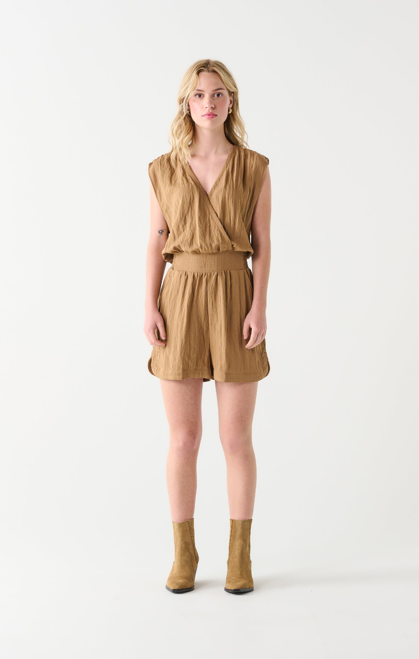 Smocked Detail Wrap Romper Dark Tan