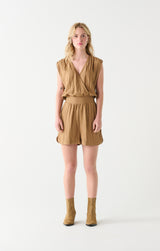 Smocked Detail Wrap Romper Dark Tan