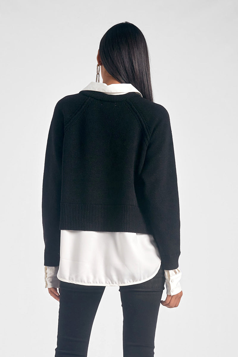 Two Fer Layered Collared Shirt Sweater Black