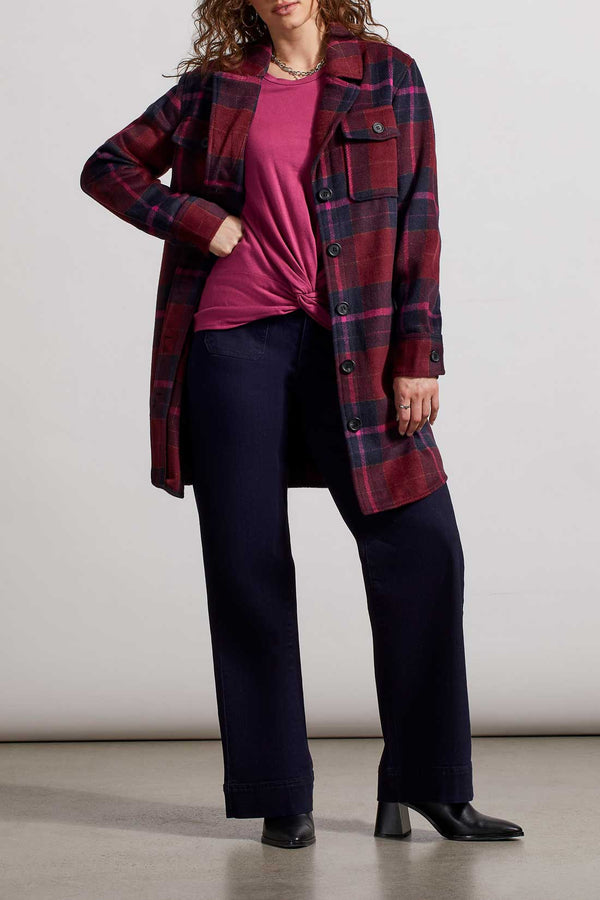 Notch Collar Plaid Long Shacket Red Plum