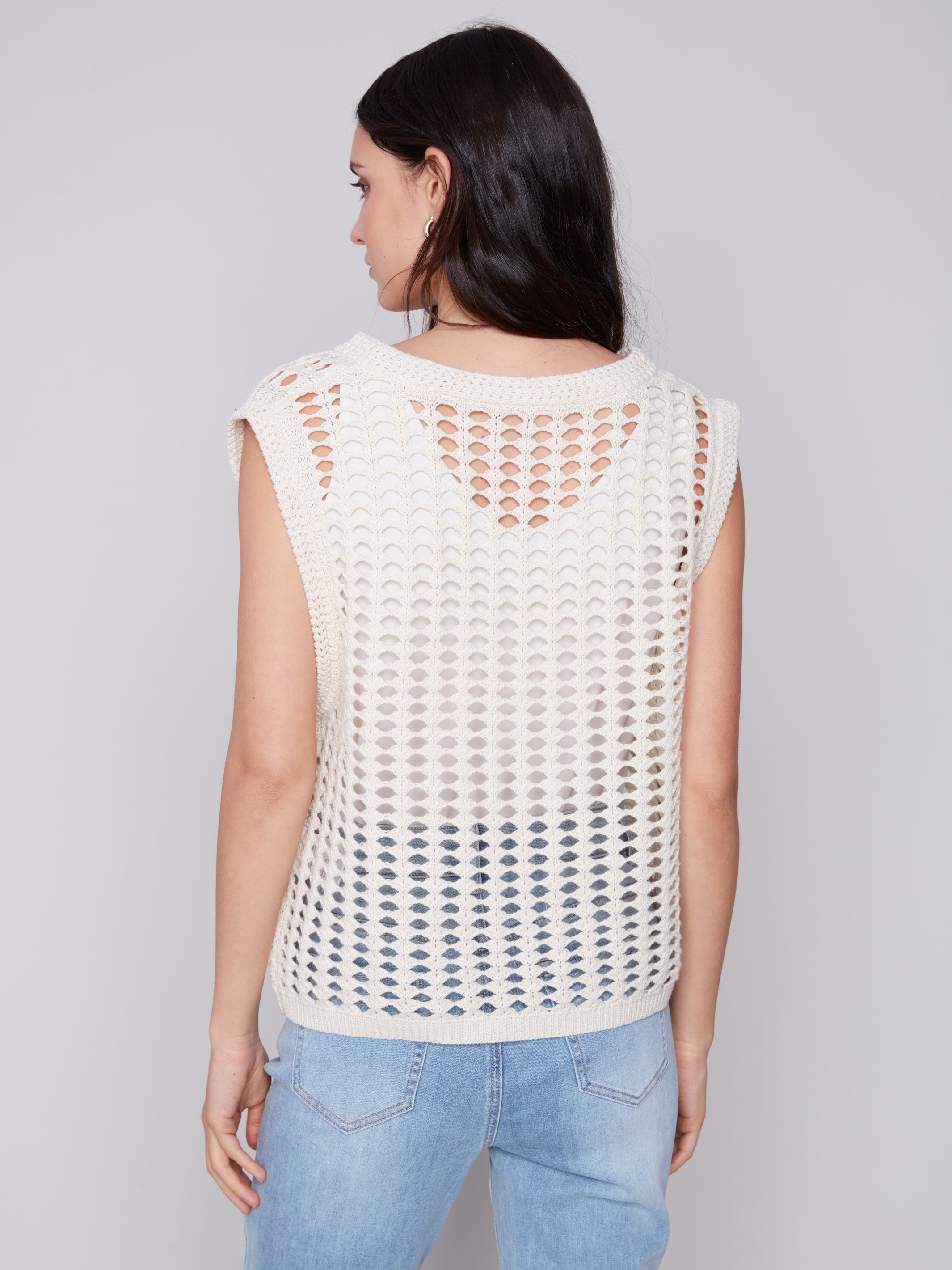 V Neck Crochet Drop Shoulder Vest Natural