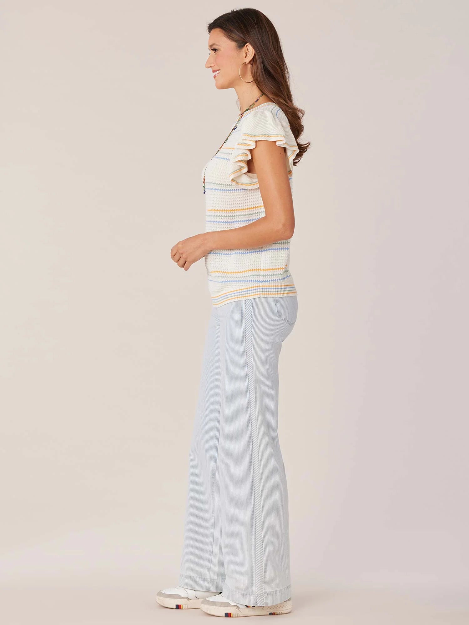 Short Flutter Sleeve Broken Stripe Sweater Top Off White