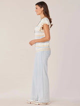 Short Flutter Sleeve Broken Stripe Sweater Top Off White