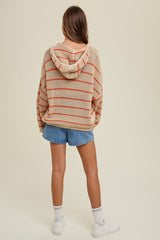 Stripe Hooded Knit Sweater Taupe + Coral