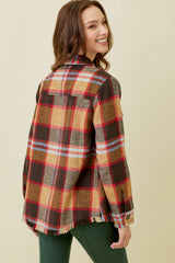Frayed Hem Plaid Button Down Jacket Sand Mix