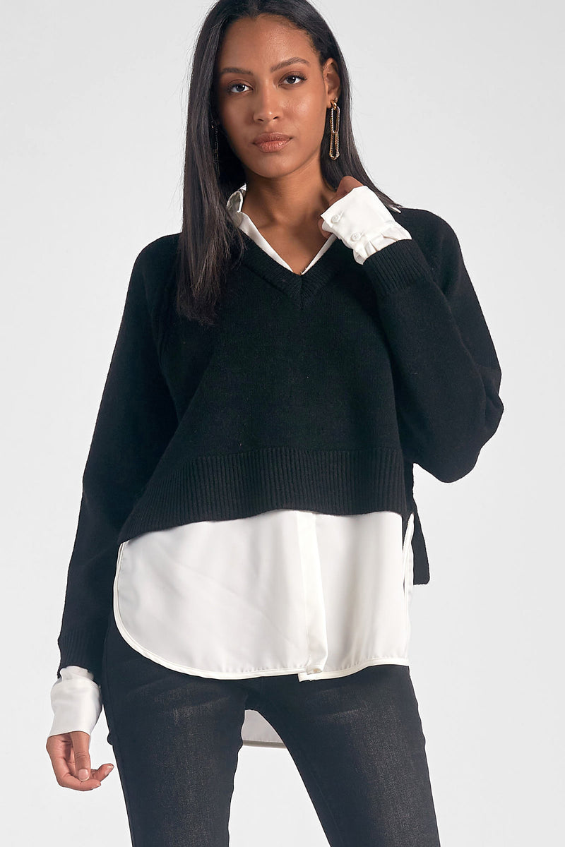 Two Fer Layered Collared Shirt Sweater Black