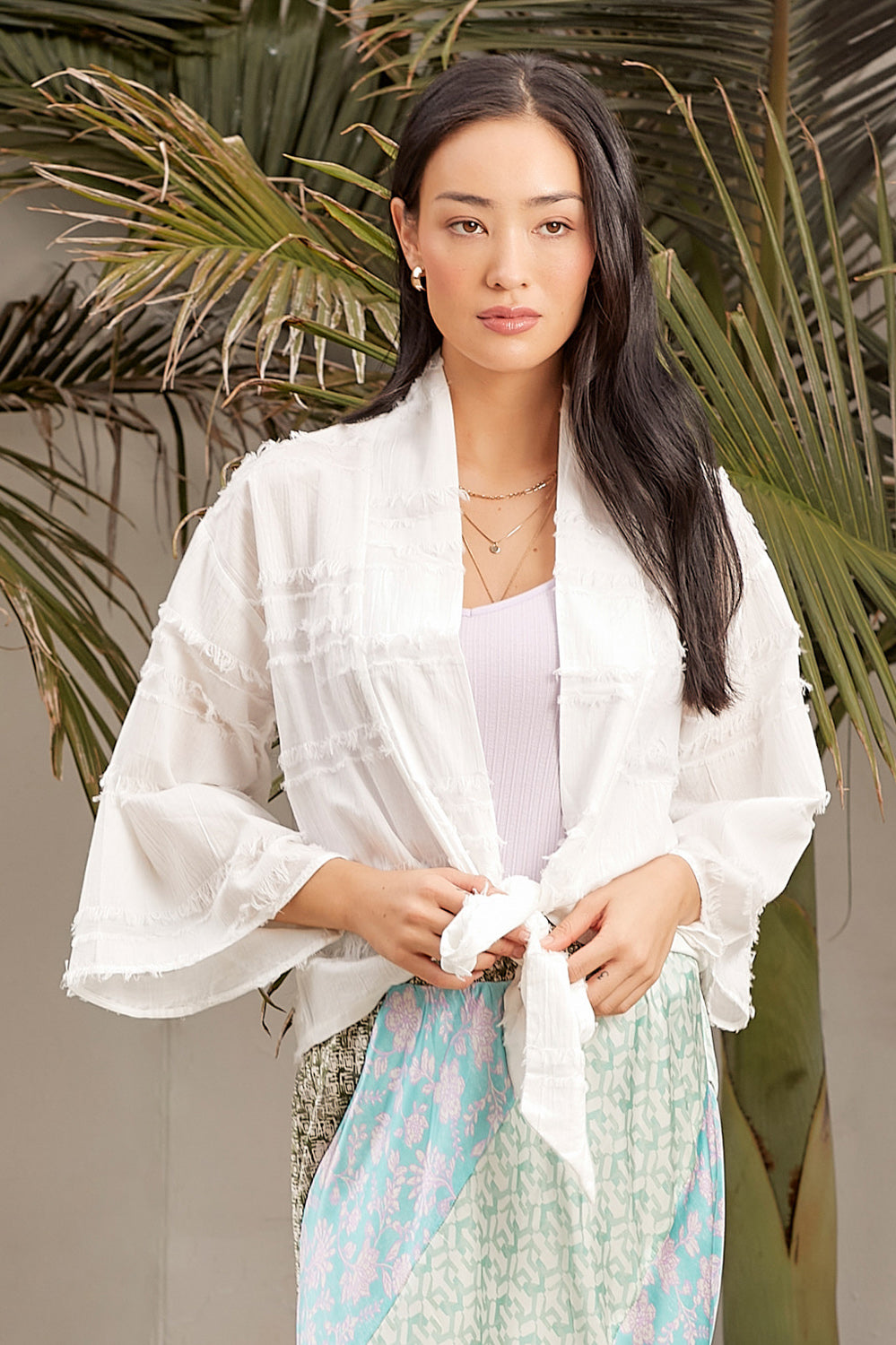 Textured Gauze Tie Front Kimono Off White